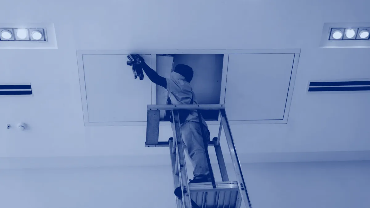 Técnico en una escalera revisando el falso techo por un panel de acceso